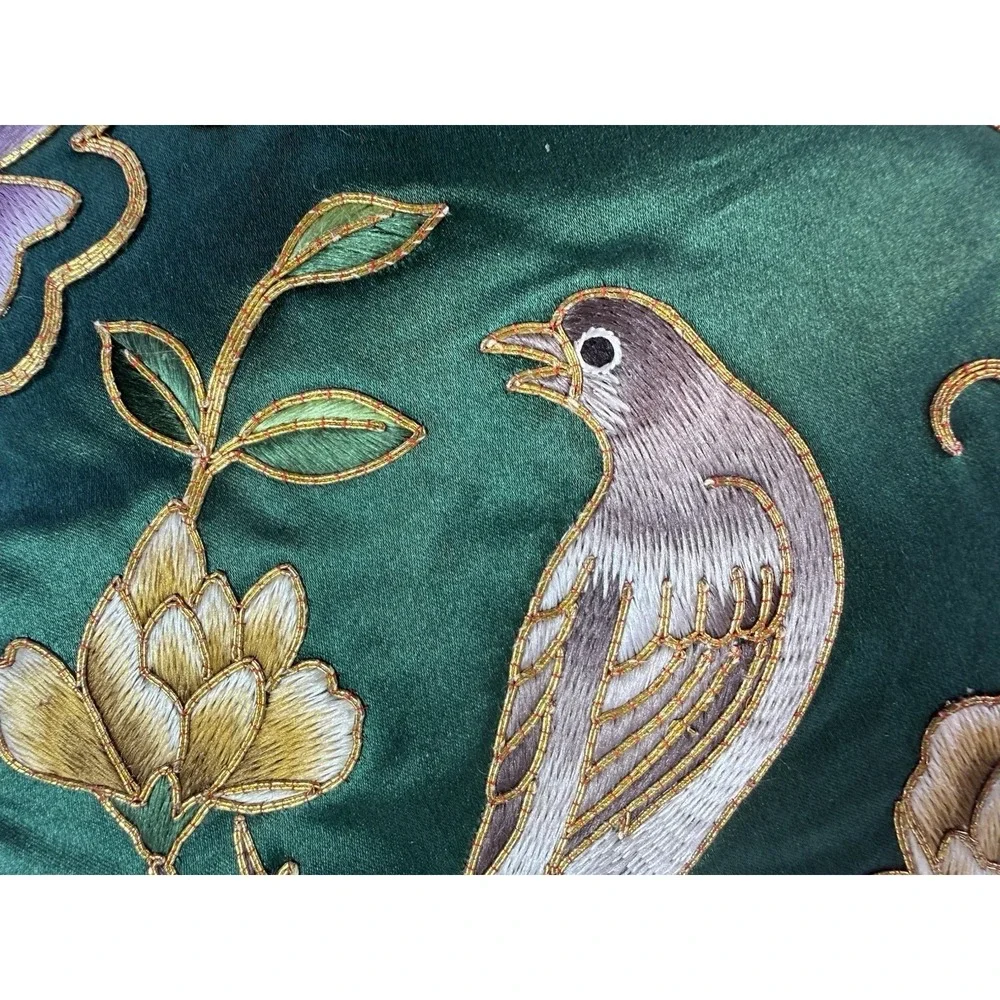 NOS Vintage Silk Chinoiserie Pillow Gold Bullion Metallic Embroidered Green Bird